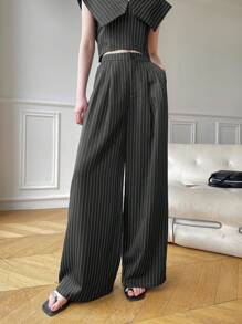 Mulvari 2 件套女士条纹印花 V 领上衣和裤子套装 2 件套 - 深灰色 - 查看 9