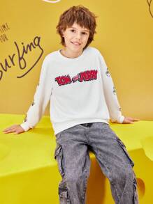 TOM & JERRY X SHEIN 1 pieza Sudadera oversize de hombros caídos con estampado de dibujos animados para niño preadolescente en blanco - Blanco - Ver 6