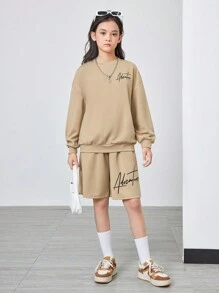 SHEIN 2pcs/Set Tween Girls' Loose Casual Handwritten Text Print Sweatshirt And Wide-Leg Pants Outfit, Early Autumn - Apricot - View 4