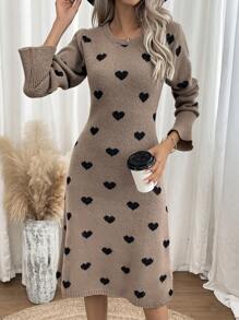 SHEIN LUNE Ladies áo len váy Tim Tất cả trên in Giải trí - Màu Khaki - Xem 1