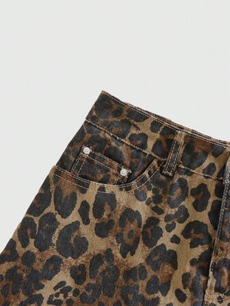 ROMWE Grunge Punk Y2K Gyaru Vintage Babe Style Cross Chain Decor Leopard Pattern Women Denim Mini Skirt