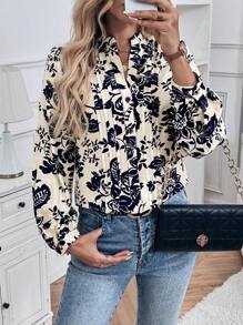 SHEIN LUNE 女士度假花卉印花 V 领灯笼袖宽松衬衫 - 藏蓝色 - 查看 3