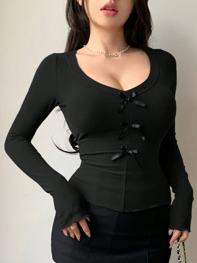 Women's Solid Color Bow Decor V-Neck Long Sleeve Slim Fit T-Shirt, Spring/Summer