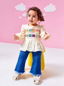 SHEIN 2pcs Baby Girls' Casual Patchwork Knit Sweater Top And Flared Jeans Pants Set, Fall/Winter - Multicolor - View 3