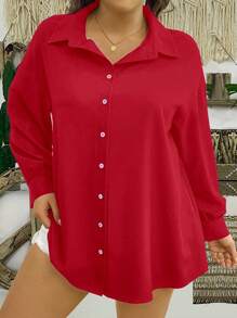 Camisa de manga larga de unicolor informal de talla grande para ropa de Año Nuevo, blusas de talla grande sencillas, blusa roja para mujer, blusas de mujer de manga larga, blusa roja para mujeres
