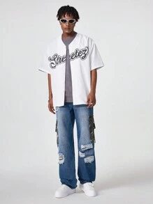 PAVTROS Quần Jeans Cargo Jeans Xanh Đậm Giặt Bằng Denim Túi Vá Streetwear Rộng Rãi Cho Nam, Quà Tặng Cho Chồng, Bạn Trai - Rửa tối - Xem 3