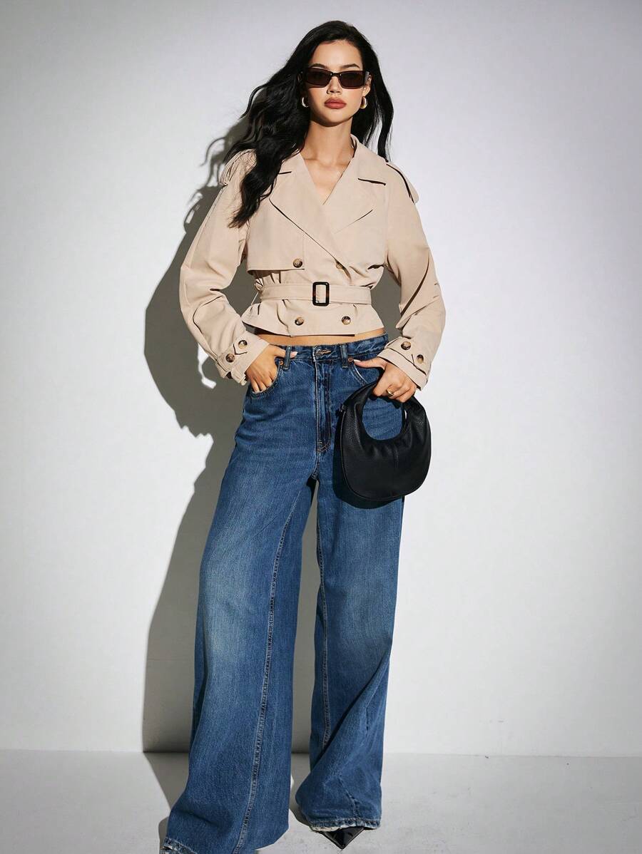 Poéselle Abrigo corto de gabardina caqui para mujeres, de doble botonadura y corte cruzado. Abrigo de gabardina informal para otoño/invierno, prendas básicas de otoño, ropa de negocios casuales, abrigo suelto