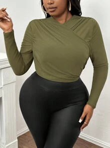 Slaydiva 大码优雅修身纯绿色圆领长袖不对称褶皱 T 恤 - B - 橄欖綠 - 查看 1