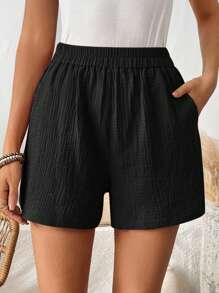 SHEIN LUNE Plus Size Pink High Waist Elastic Women Black Shorts With Pockets Fall Comfortable Breathable Texture Casual Shorts Black Shorts - Black - View 7