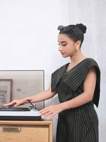 Mulvari 2 件套女士条纹印花 V 领上衣和裤子套装 2 件套 - 深灰色 - 查看 4