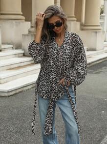 Aveloria Modichic 1pc Random Elegant Leopard Print Tie-Collar Loose Sheer Long Sleeve Blouse Fall Cloth For Women - Multicolor - View 3