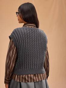 Forever 21 大码女式秋冬 V 领宽松休闲针织麻花毛衣背心 - 深灰色 - 查看 2