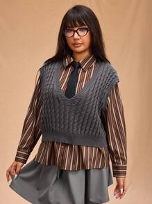 Forever 21 大码女式秋冬 V 领宽松休闲针织麻花毛衣背心 - 深灰色 - 查看 6