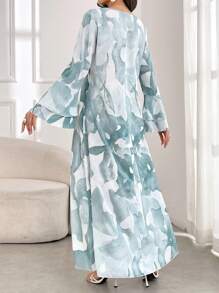 Yasmyna 女士春夏优雅植物印花喇叭袖长款阿拉伯朴素连衣裙 - 綠色 - 查看 2