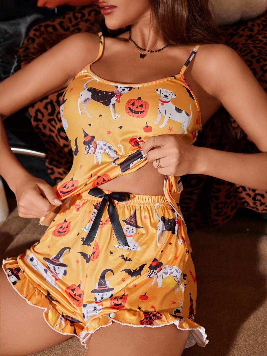 Halloween Cartoon Pattern Women Pajamas Set - Yellow - View 1