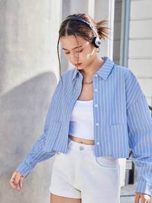 SHEIN 适合学校/校园穿着的少女蓝白条纹编织领长袖衬衫 - 藍白色 - 查看 6