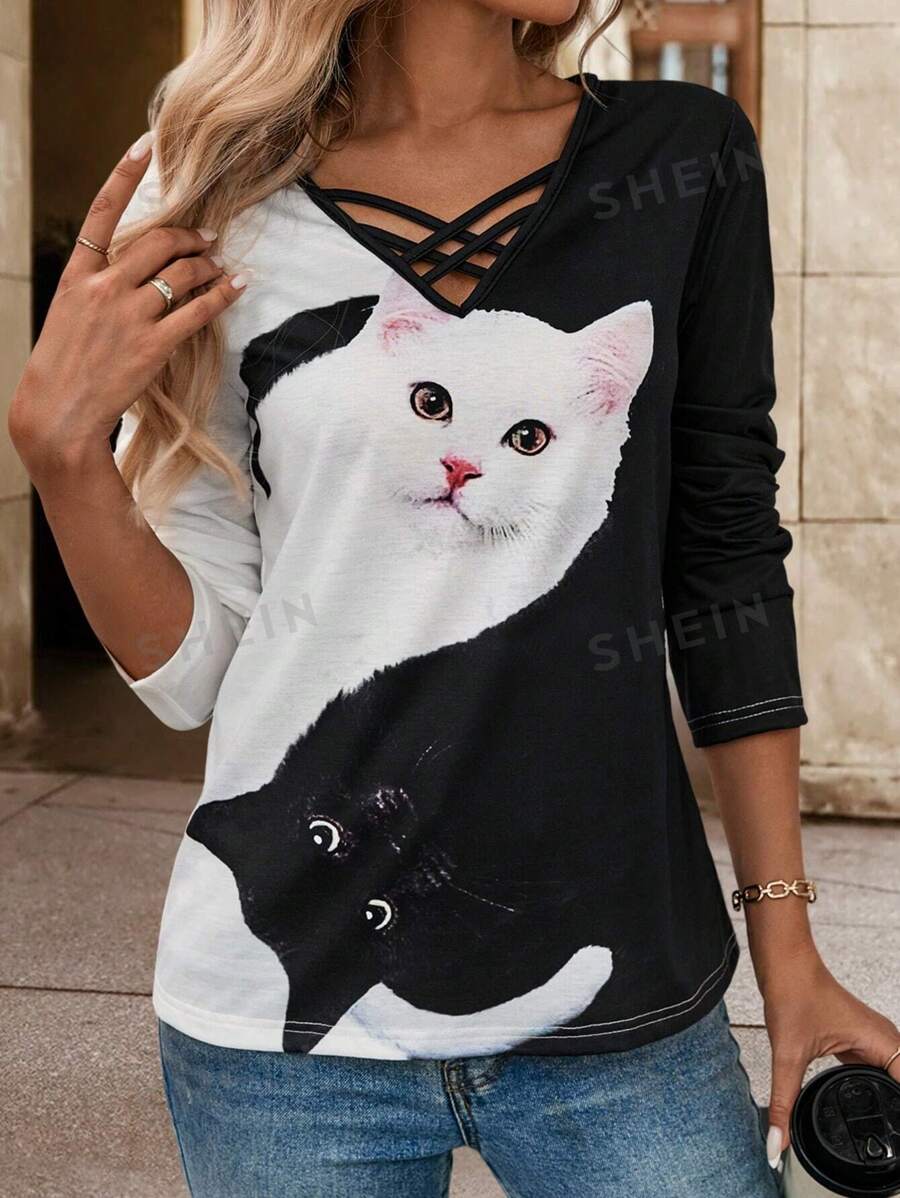 SHEIN LUNE Women's Spring/Summer Black And White Cat Collar CrissCross