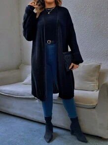 SHEIN LUNE 大码女式藏蓝色针织开衫毛衣，纯色露肩长袖宽松休闲秋冬款 - 藏蓝色 - 查看 6