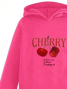 Teen Girls 2pcs/Set Fruit & Letter Print Hooded Sweatshirt And Solid Color Sleeveless Jumpsuit Casual Outfit - Hot Pink - View 4