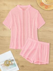 SHEIN Swim Women Solid Color Knitted Sheer V-Neck Short Sleeve Cover Up And Shorts Summer Outfit 2pcs/Set,Summer Beach - Pink - View 3