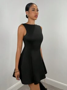SHEIN BAE Women Plain Sleeveless Waist-Cinching A-Line Elegant Black Short Dress, Fall,Sun Dress,Summer Dresses For Women,Elegant Dresses For Party - Black - View 5