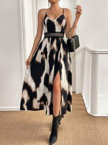 SHEIN Essnce 女士时尚休闲全身豹纹高开叉无袖连衣裙秋装秋季女装巡航女士服装豹纹连衣裙女士长裙 - 彩色 - 查看 5