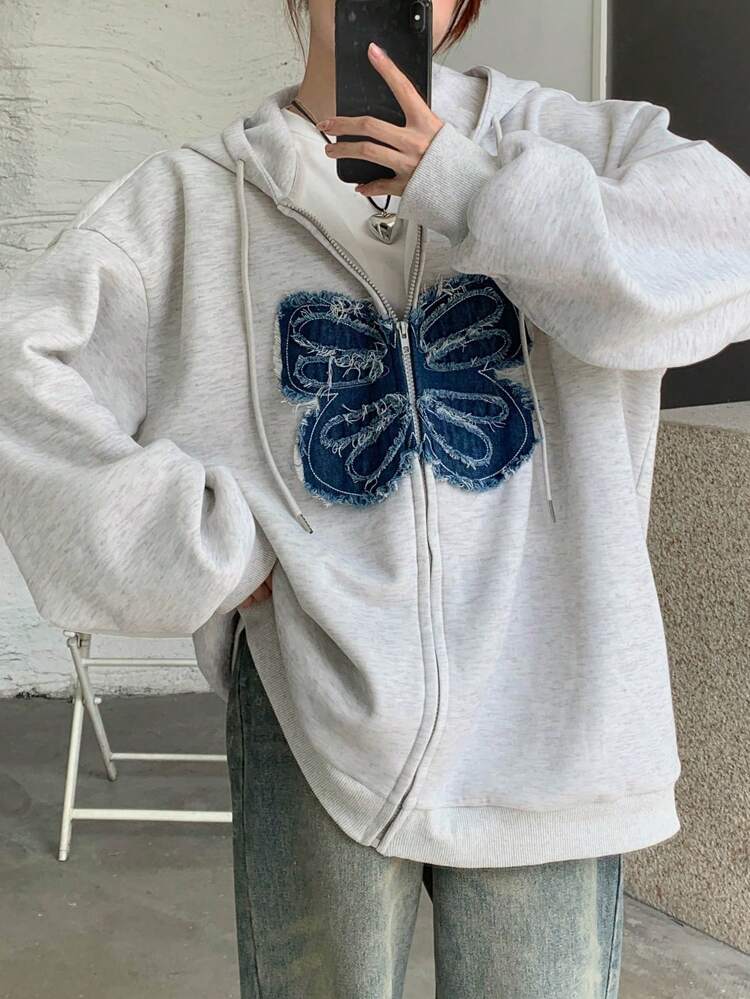 Women's Distressed Butterfly Detail Zip-Up Hoodie Sweatshirt,Fall Women Clothes,Thermal Lined