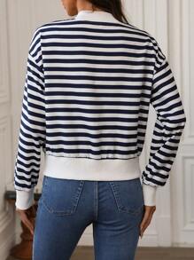 Chiquease Navy Style Blue & White Striped Casual Front Button Long Sleeve Baseball Jacket Fall Cloth For Women - Blue - View 2