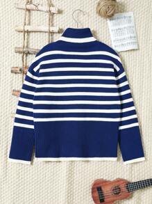 Tween Boys' High Neck Striped Drop Shoulder Loose Knit Sweater For Fall/Winter, Suitable For Travel, Gatherings And Casual Outings - Navy Blue - View 2