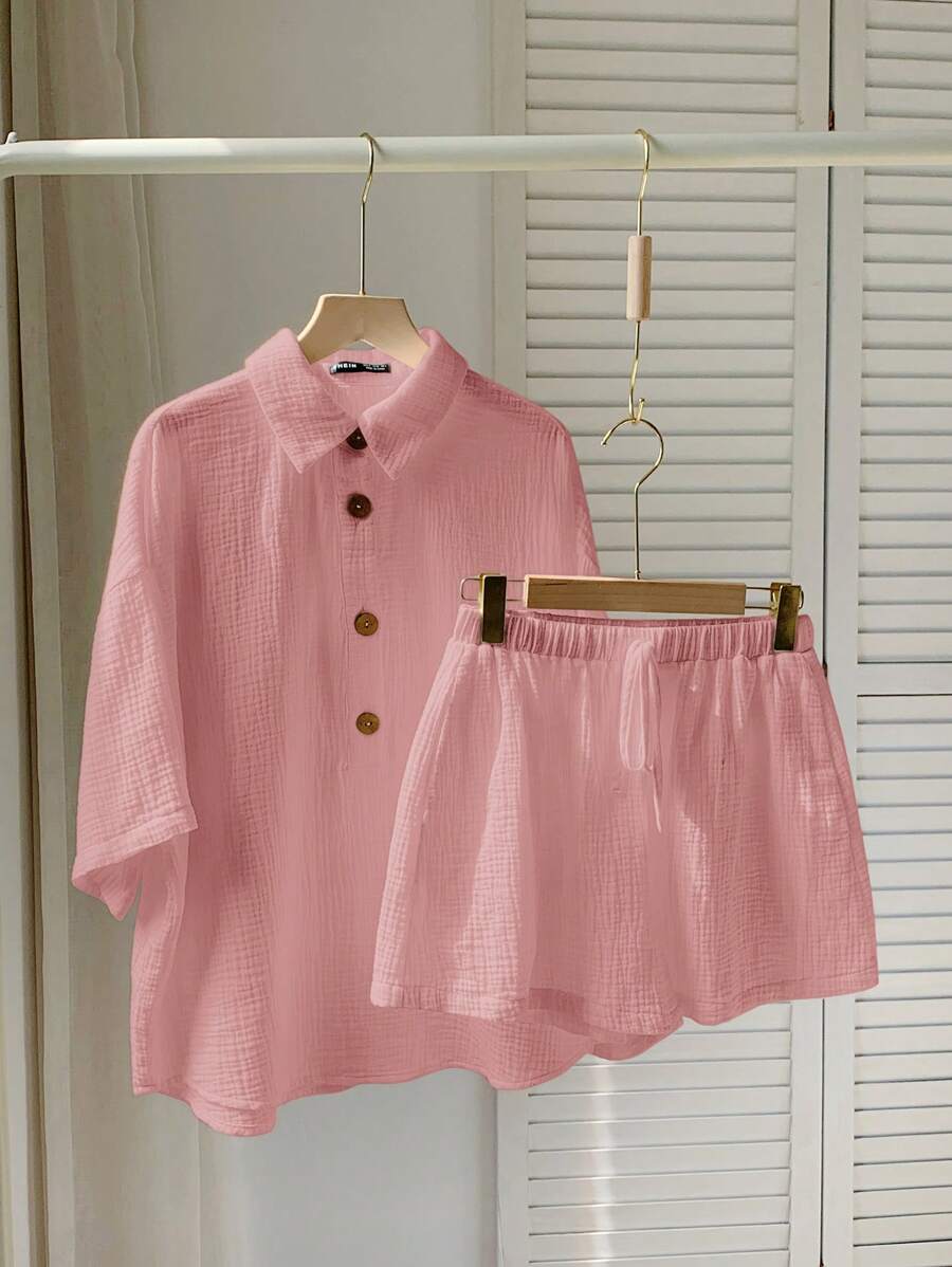 Comfortcana 2 pezzi Set di completo con camicetta a maniche corte con bottoni in tessuto e pantaloncini casual con coulisse per donna