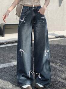 DAZY Quần denim nữ có nơ trang trí thông thường - Màu xanh lam - Xem 2