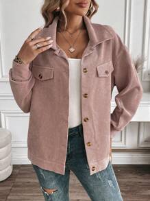 SHEIN LUNE Plain Front Button Up Casual Long Sleeve Jacket - Pink - View 6