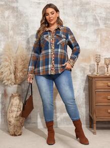 EMERY ROSE Camisa casual de manga larga con botones, de bloque de color de estampado de leopardo y tartán, talla grande, para otoño - Multicolor - Ver 4