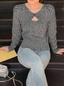 DAZY Váy len dệt kim dài tay khoét lỗ thường ngày cho nữ, Quần áo thu/đông, mùa thu cho nữ - Xám - Xem 8