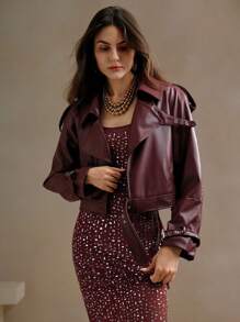 Anewsta Women Spring Autumn Plain Stand Collar Long Sleeve PU Leather Loose Short Casual Jacket - Burgundy - View 3