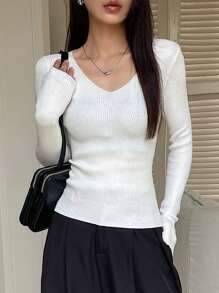 DAZY Women's Solid Color Simple Everyday Long Sleeve Sweater,Long Sleeve Tops - White - View 2