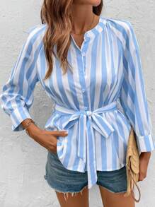 SHEIN LUNE Women Striped Print Long Sleeve Tie Front Blouse - Blue - View 1