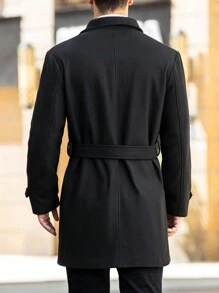 Manfinity Homme Men's Black Autumn Classy Office Double Breasted Trench Coat,Long Sleeve Belted Pocket Jacket,Front Button Business Overcoat Gifts For Husband - Black - View 2