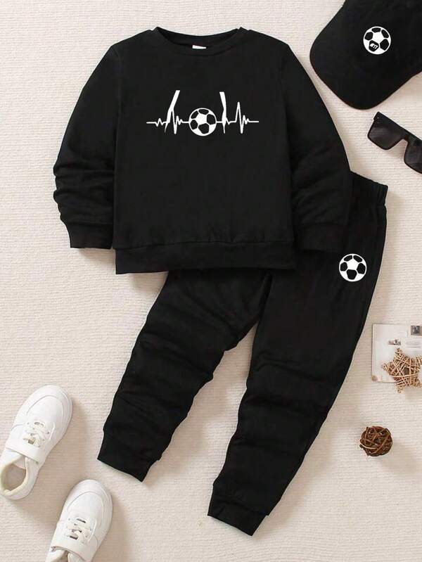 SHEIN Playful Pals 2 piezas Conjunto básico de sudadera de cuello redondo y pantalones deportivos negros para niño joven