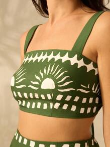 CAJUNI 2pcs Women Summer Vacation Sun And Coconut Tree Print Cropped Cami Top And Fitted Maxi Skirt Green Casual Tropical Boho Set