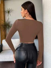 RueChic Solid Round Neck Crop Tee - Brown - View 2