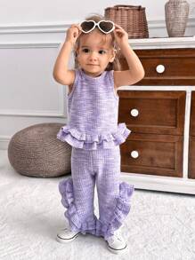 SHEIN 2pcs Baby Girl Ruffle Trim Sports Casual Set, Purple - Multicolor - View 1