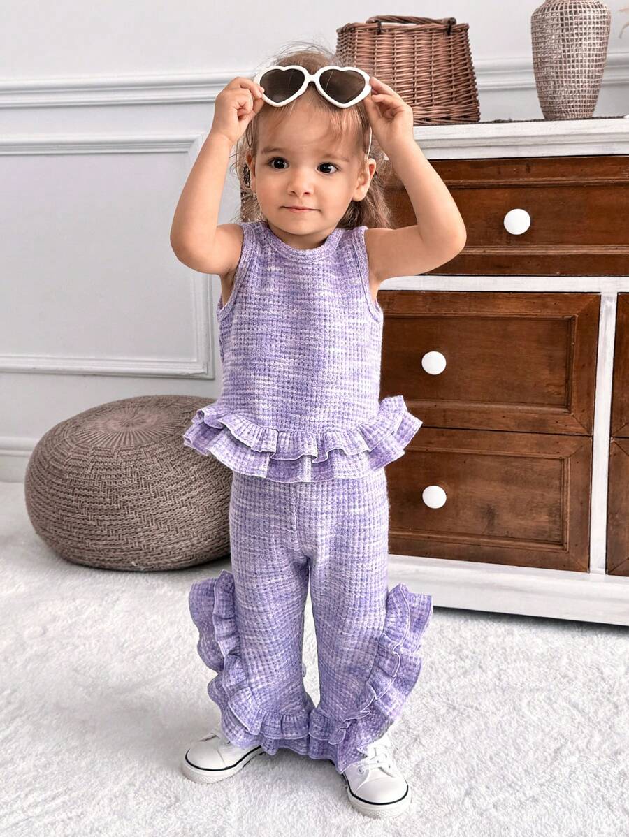 SHEIN 2pcs Baby Girl Ruffle Trim Sports Casual Set, Purple - Multicolor - View 1