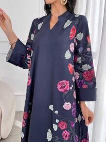 Al Najma Ladies Spring Summer Elegant Flower Print Long Arabian Modest Long Sleeve Dress - Navy Blue - View 5