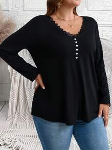 EMERY ROSE 大码秋季 V 领蕾丝拼布长袖 T 恤 - 藏蓝色 - 查看 4