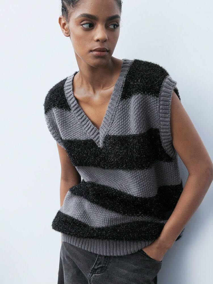 SHEIN Maija Women's Casual Loose V-Neck Striped Sweater Vest For Fall And Winter