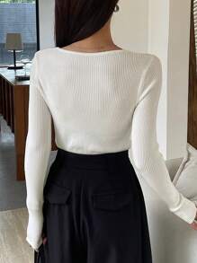 DAZY Women's Solid Color Simple Everyday Long Sleeve Sweater,Long Sleeve Tops - White - View 5