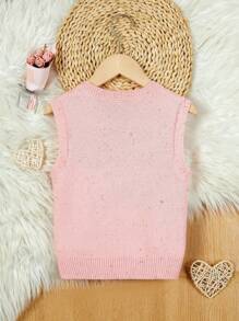 SHEIN Young Girl Crew Neck Sleeveless Heart Pattern Casual Pullover Sweaters, Heart Sweater Baby - Pink - View 2