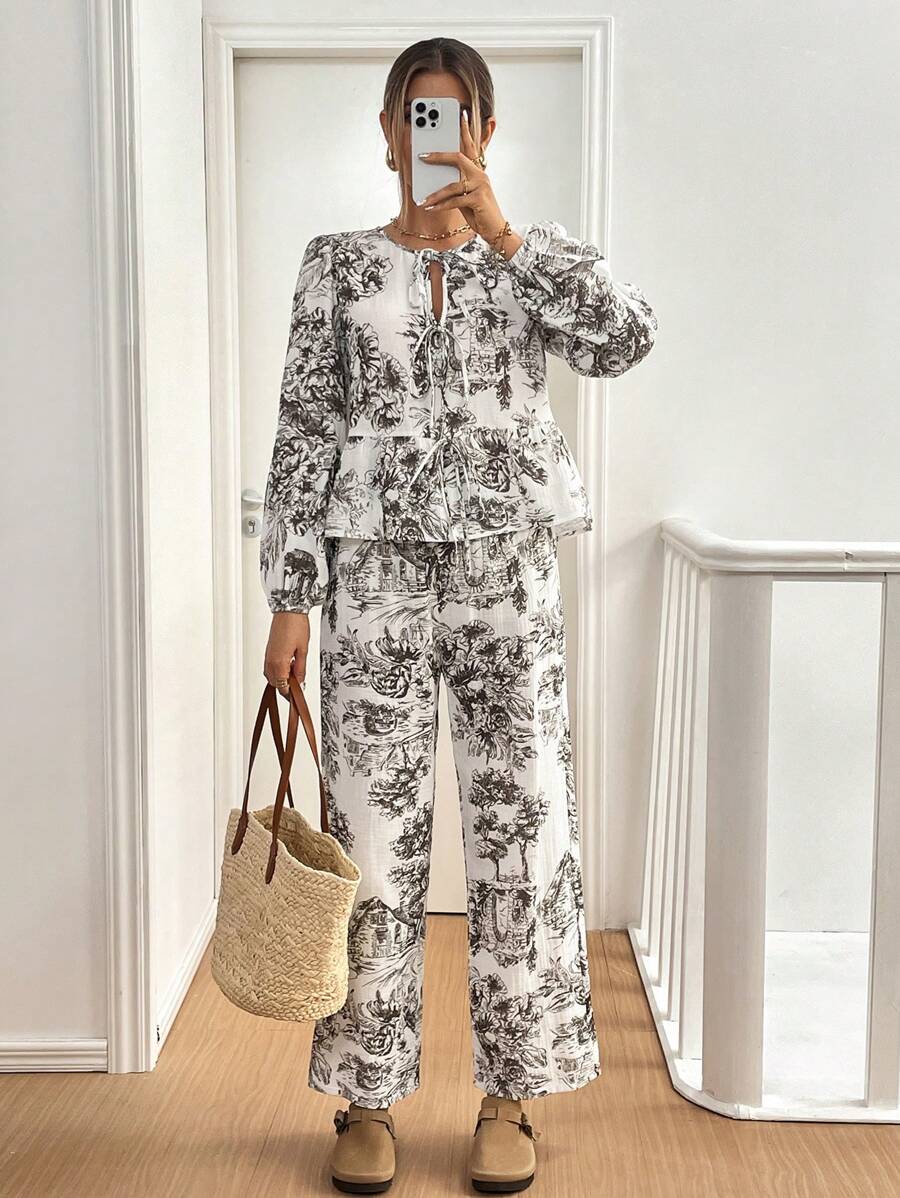 SHEIN Essnce 2 Bộ Nữ Thường Ngày Bộ Dây Rút Tay Phồng Cổ Tròn Và Ống Rộng Quần Lưng Cao, mùa Xuân Năm 2024 - Nhiều màu - Xem 1