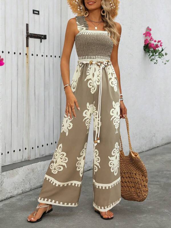 Breezaya Damen Urlaubs-Jumpsuit in legerer Passform ohne Ärmel mit weitem Bein und Muster